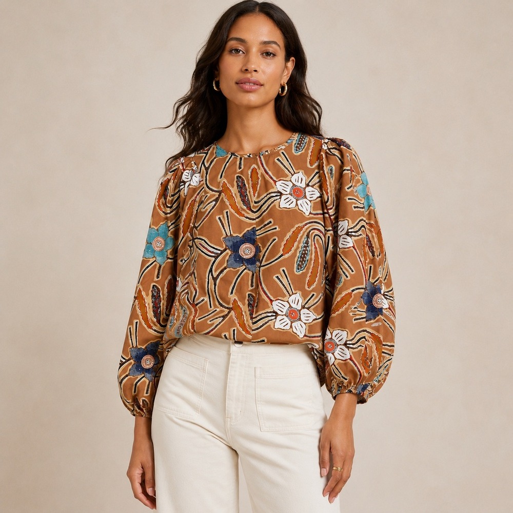 Ulla Johnson Silk Blouse 4 Brown Floral Puff Sleeve Boho Cottagecore Batik Top - Picture 1 of 9